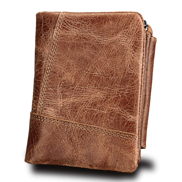 Vera pelle di vacchetta Crazy Horse Texture Cerniera 3 pieghe Porta carte di credito stile corto Porta carte di credito Porta carte con blocco RFID Custodia protettiva per uomo, Dimensioni: 12 * 9,5 * 4 cm(Tronpa), 3585