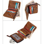 Vera pelle di vacchetta Crazy Horse Texture Cerniera 3 pieghe Porta carte di credito stile corto Porta carte di credito Porta carte con blocco RFID Custodia protettiva per uomo, Dimensioni: 12 * 9,5 * 4 cm(Tronpa), 3585