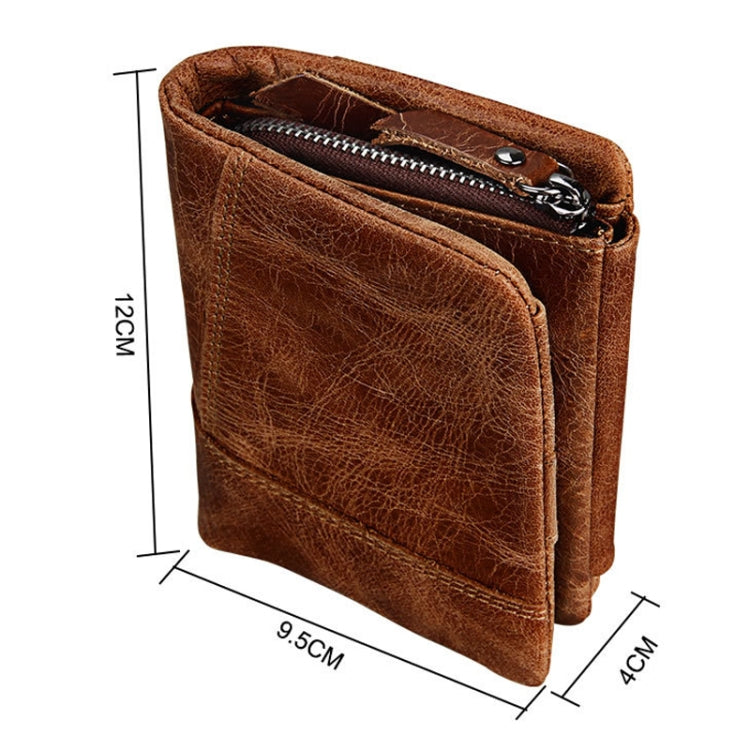 Vera pelle di vacchetta Crazy Horse Texture Cerniera 3 pieghe Porta carte di credito stile corto Porta carte di credito Porta carte con blocco RFID Custodia protettiva per uomo, Dimensioni: 12 * 9,5 * 4 cm(Tronpa), 3585