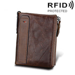 Vera pelle di vacchetta Crazy Horse Texture Doppia cerniera Porta carte di credito stile corto Porta carte di blocco RFID Custodia protettiva per uomo, Dimensioni: 12,1 * 9,4 * 2,7 cm