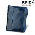 Vera pelle di vacchetta Crazy Horse Texture Doppia cerniera Porta carte di credito stile corto Porta carte di blocco RFID Custodia protettiva per uomo, Dimensioni: 12,1 * 9,4 * 2,7 cm