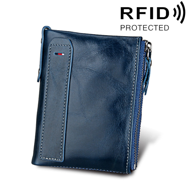 Vera pelle di vacchetta Crazy Horse Texture Doppia cerniera Porta carte di credito stile corto Porta carte di blocco RFID Custodia protettiva per uomo, Dimensioni: 12,1 * 9,4 * 2,7 cm