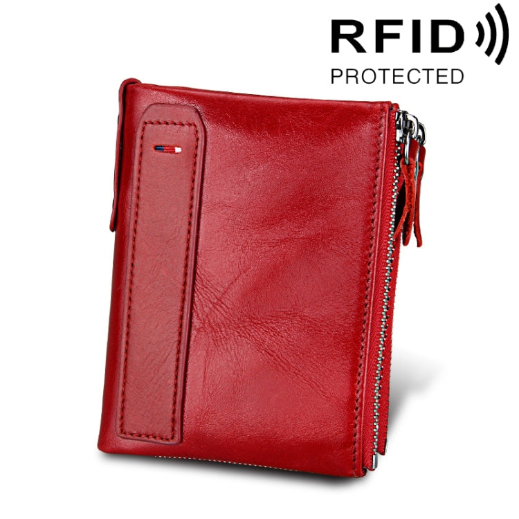 Vera pelle di vacchetta Crazy Horse Texture Doppia cerniera Porta carte di credito stile corto Porta carte di blocco RFID Custodia protettiva per uomo, Dimensioni: 12,1 * 9,4 * 2,7 cm