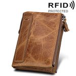 Vera pelle di vacchetta Crazy Horse Texture Doppia cerniera Porta carte di credito stile corto Porta carte di blocco RFID Custodia protettiva per uomo, Dimensioni: 12,1 * 9,4 * 2,7 cm