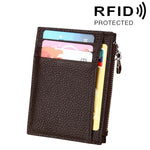 Porta carte di credito in pelle di vacchetta tinta unita con cerniera Porta carte di credito con blocco RFID Porta carte di protezione, dimensioni: 11 * 8 * 1,5 cm