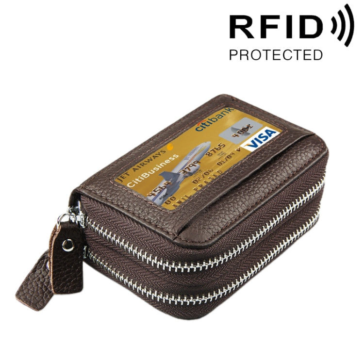 Porta carte di credito in vera pelle di vacchetta a doppio strato con cerniera in tinta unita Porta carte di credito con blocco RFID Custodia protettiva con 11 slot per carte e posizione per monete, dimensioni: 11 * 7,5 * 4,5 cm
