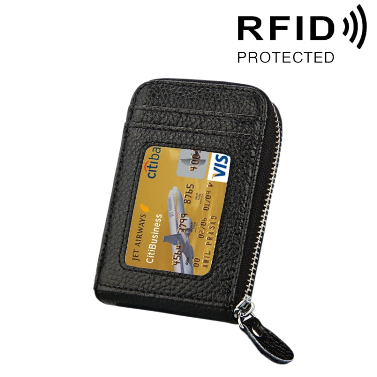 Porta carte verticale con cerniera in tinta unita in vera pelle di vacchetta Porta carte con blocco RFID Custodia protettiva con 12 slot per carte, Dimensioni: 11,5 * 7,5 cm