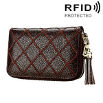Porta carte di credito con cerniera in vera pelle di vacchetta con struttura a griglia Borsa per carte con blocco RFID Custodia protettiva Portamonete con ciondolo con nappa e 15 slot per carte per donna, Dimensioni: 11,1 * 7,9 * 3,5 cm
