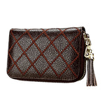 Porta carte di credito con cerniera in vera pelle di vacchetta con struttura a griglia Borsa per carte con blocco RFID Custodia protettiva Portamonete con ciondolo con nappa e 15 slot per carte per donna, Dimensioni: 11,1 * 7,9 * 3,5 cm