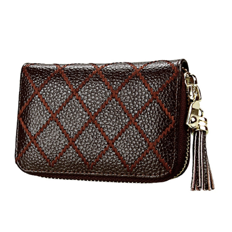 Porta carte di credito con cerniera in vera pelle di vacchetta con struttura a griglia Borsa per carte con blocco RFID Custodia protettiva Portamonete con ciondolo con nappa e 15 slot per carte per donna, Dimensioni: 11,1 * 7,9 * 3,5 cm
