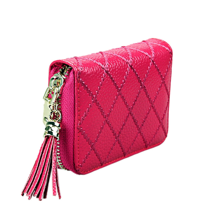 Porta carte di credito con cerniera in vera pelle di vacchetta con struttura a griglia Borsa per carte con blocco RFID Custodia protettiva Portamonete con ciondolo con nappa e 15 slot per carte per donna, Dimensioni: 11,1 * 7,9 * 3,5 cm