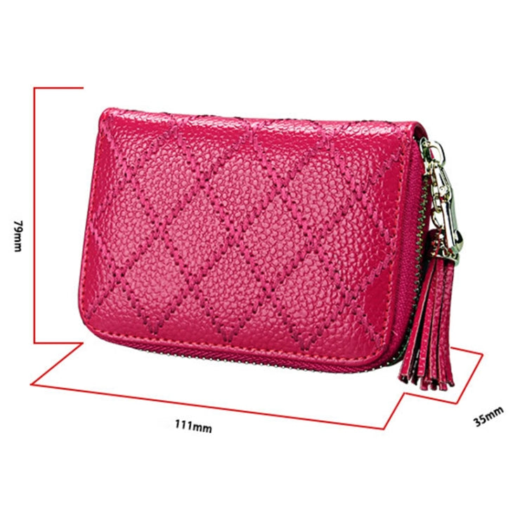 Porta carte di credito con cerniera in vera pelle di vacchetta con struttura a griglia Borsa per carte con blocco RFID Custodia protettiva Portamonete con ciondolo con nappa e 15 slot per carte per donna, Dimensioni: 11,1 * 7,9 * 3,5 cm