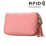 Porta carte di credito con cerniera in vera pelle di vacchetta con struttura a griglia Borsa per carte con blocco RFID Custodia protettiva Portamonete con ciondolo con nappa e 15 slot per carte per donna, Dimensioni: 11,1 * 7,9 * 3,5 cm