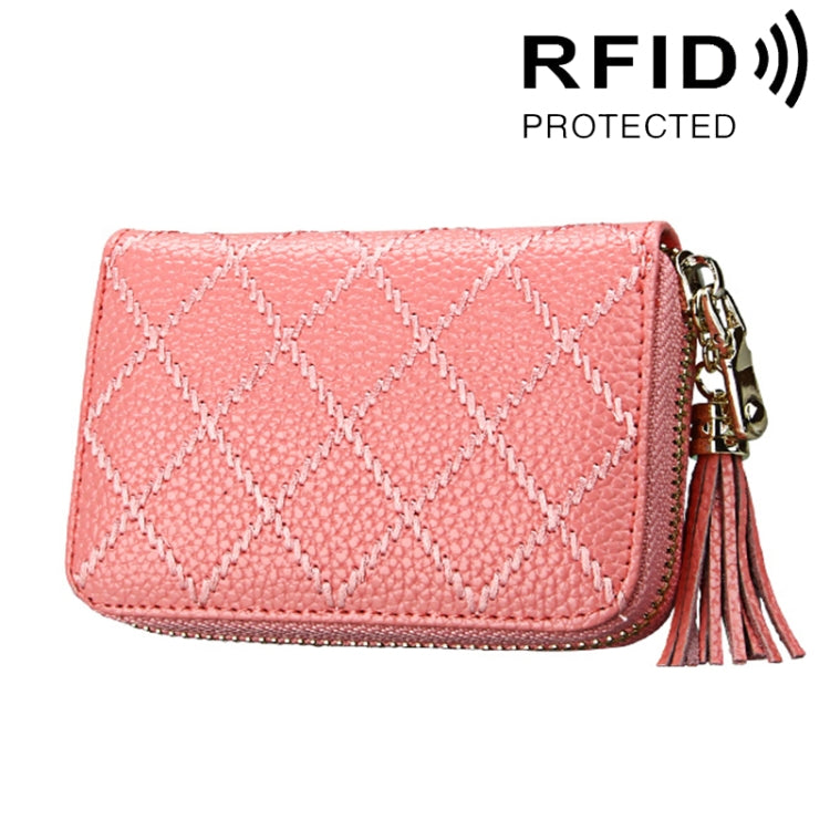 Porta carte di credito con cerniera in vera pelle di vacchetta con struttura a griglia Borsa per carte con blocco RFID Custodia protettiva Portamonete con ciondolo con nappa e 15 slot per carte per donna, Dimensioni: 11,1 * 7,9 * 3,5 cm