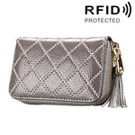 Porta carte di credito con cerniera in vera pelle di vacchetta con struttura a griglia Borsa per carte con blocco RFID Custodia protettiva Portamonete con ciondolo con nappa e 15 slot per carte per donna, Dimensioni: 11,1 * 7,9 * 3,5 cm