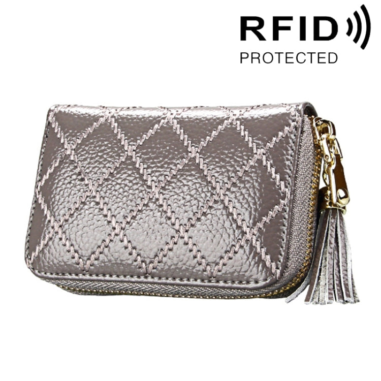 Porta carte di credito con cerniera in vera pelle di vacchetta con struttura a griglia Borsa per carte con blocco RFID Custodia protettiva Portamonete con ciondolo con nappa e 15 slot per carte per donna, Dimensioni: 11,1 * 7,9 * 3,5 cm