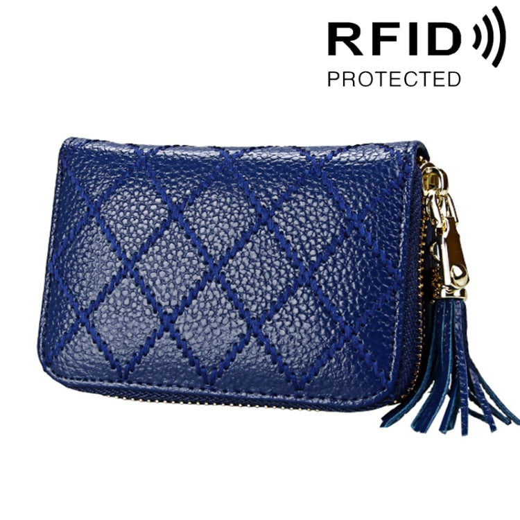 Porta carte di credito con cerniera in vera pelle di vacchetta con struttura a griglia Borsa per carte con blocco RFID Custodia protettiva Portamonete con ciondolo con nappa e 15 slot per carte per donna, Dimensioni: 11,1 * 7,9 * 3,5 cm