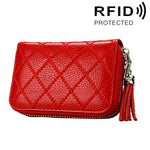 Porta carte di credito con cerniera in vera pelle di vacchetta con struttura a griglia Borsa per carte con blocco RFID Custodia protettiva Portamonete con ciondolo con nappa e 15 slot per carte per donna, Dimensioni: 11,1 * 7,9 * 3,5 cm