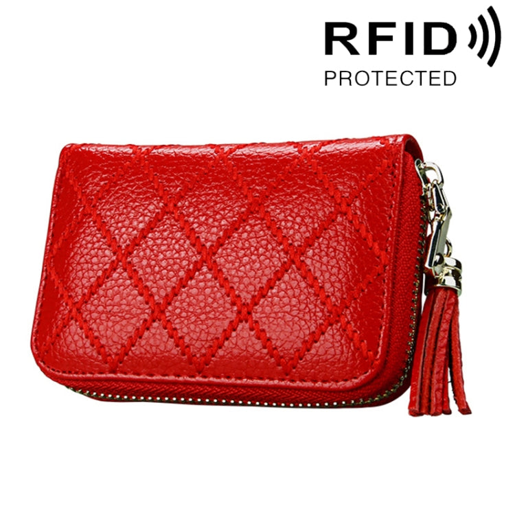 Porta carte di credito con cerniera in vera pelle di vacchetta con struttura a griglia Borsa per carte con blocco RFID Custodia protettiva Portamonete con ciondolo con nappa e 15 slot per carte per donna, Dimensioni: 11,1 * 7,9 * 3,5 cm