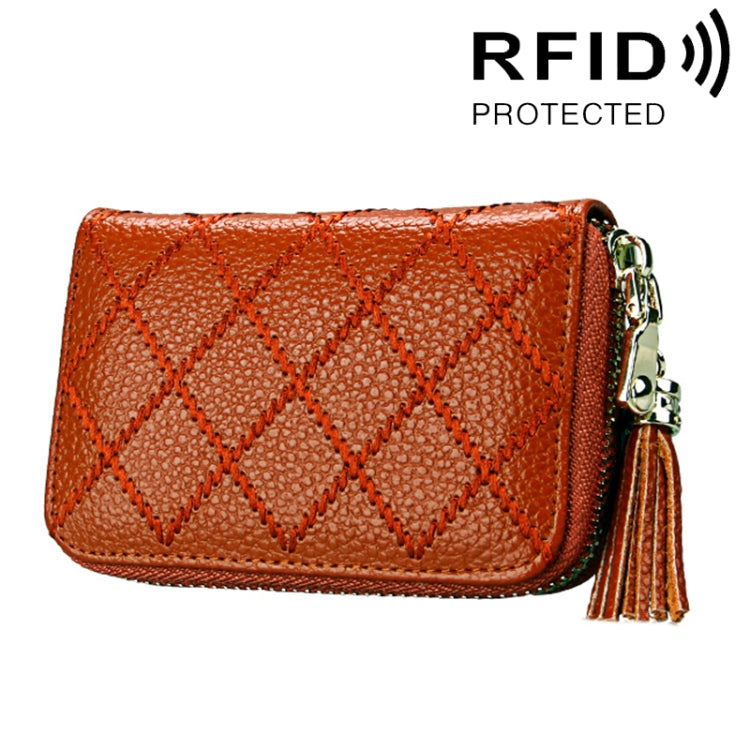 Porta carte di credito con cerniera in vera pelle di vacchetta con struttura a griglia Borsa per carte con blocco RFID Custodia protettiva Portamonete con ciondolo con nappa e 15 slot per carte per donna, Dimensioni: 11,1 * 7,9 * 3,5 cm