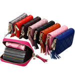 Porta carte di credito con cerniera in vera pelle di vacchetta con struttura a griglia Borsa per carte con blocco RFID Custodia protettiva Portamonete con ciondolo con nappa e 15 slot per carte per donna, Dimensioni: 11,1 * 7,9 * 3,5 cm