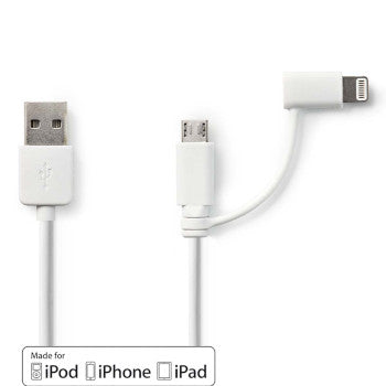 2-in-1 Cable | USB 2.0 | USB-A Male | Apple Lightning 8-Pin / USB Micro-B Male | 480 Mbps | 1.00 m | Nickel Plated | Round | PVC | White | Polybag