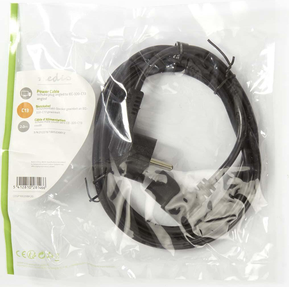 Cavo di alimentazione Spina Schuko Standard Tedesco IEC-320-C13 angolato 2m CEGP10020BK20 5412810281466 ND7265