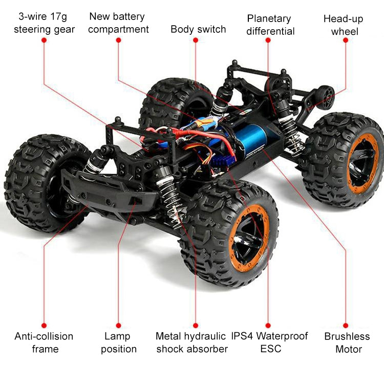 SG-1601 Versione senza spazzole 2.4G Veicolo fuoristrada competitivo Bigfoot telecomandato 1:16 Modello di auto giocattolo a quattro ruote motrici robusto e giocabile con fari a LED e ruote head-up, with Head-up Wheels