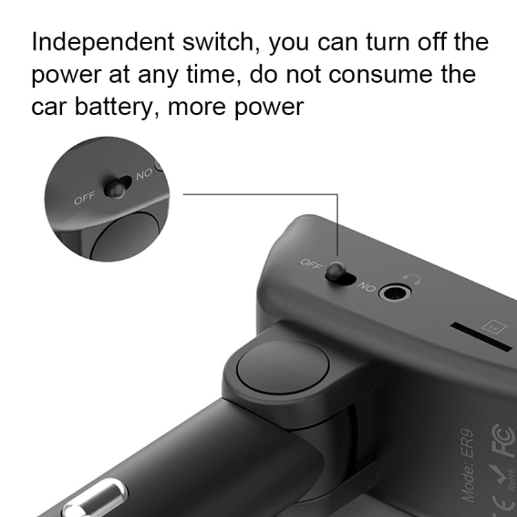ER9 Kit per auto con chiamate in vivavoce 2 in 1 Auricolare Bluetooth senza fili Caricatore doppio USB Trasmettitore FM Lettore musicale MP3, ER9