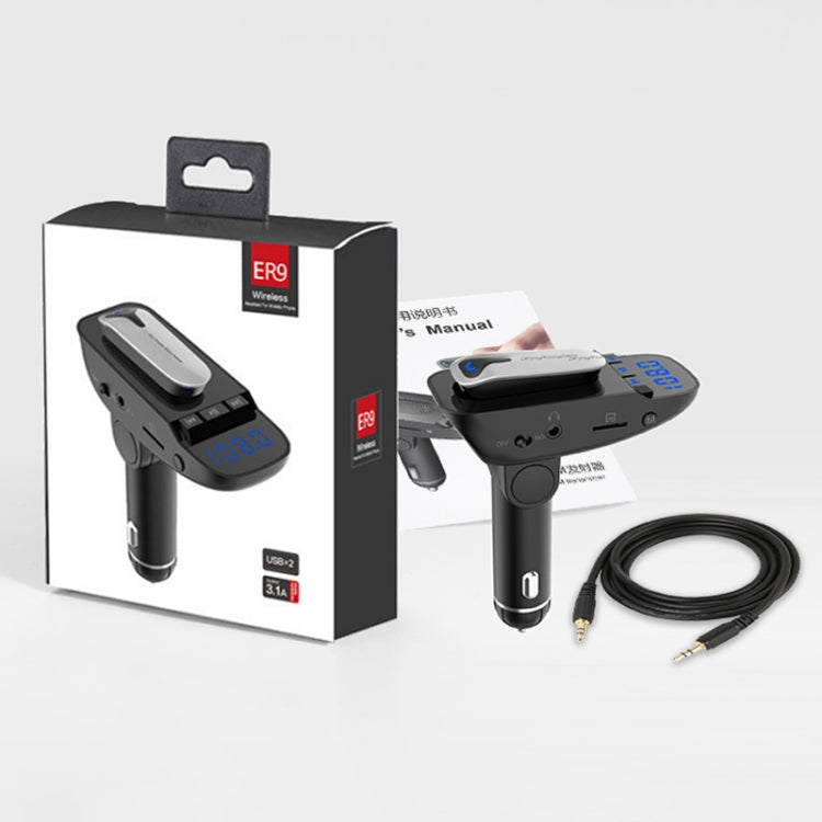 ER9 Kit per auto con chiamate in vivavoce 2 in 1 Auricolare Bluetooth senza fili Caricatore doppio USB Trasmettitore FM Lettore musicale MP3, ER9