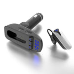 ER9 Kit per auto con chiamate in vivavoce 2 in 1 Auricolare Bluetooth senza fili Caricatore doppio USB Trasmettitore FM Lettore musicale MP3, ER9