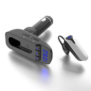 ER9 Kit per auto con chiamate in vivavoce 2 in 1 Auricolare Bluetooth senza fili Caricatore doppio USB Trasmettitore FM Lettore musicale MP3, ER9