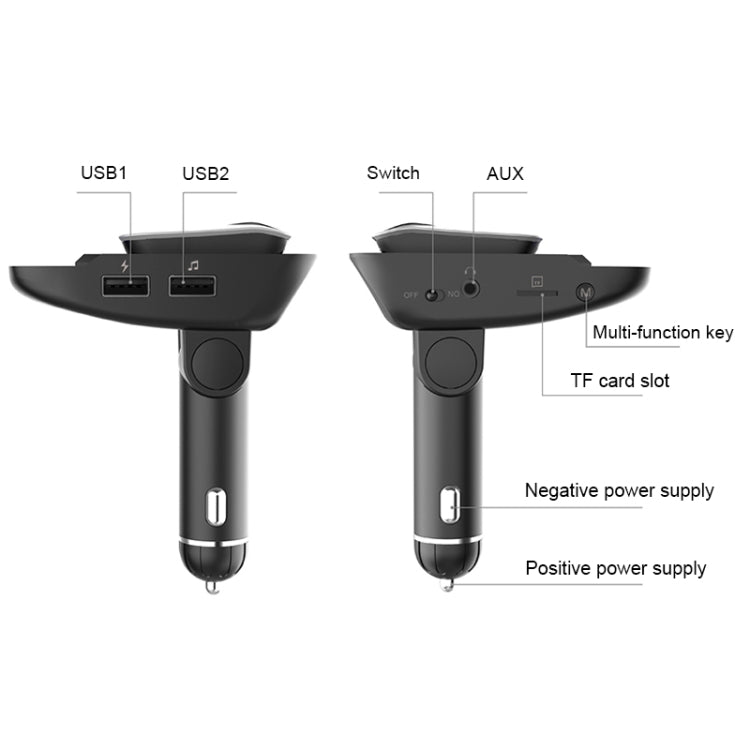 ER9 Kit per auto con chiamate in vivavoce 2 in 1 Auricolare Bluetooth senza fili Caricatore doppio USB Trasmettitore FM Lettore musicale MP3, ER9