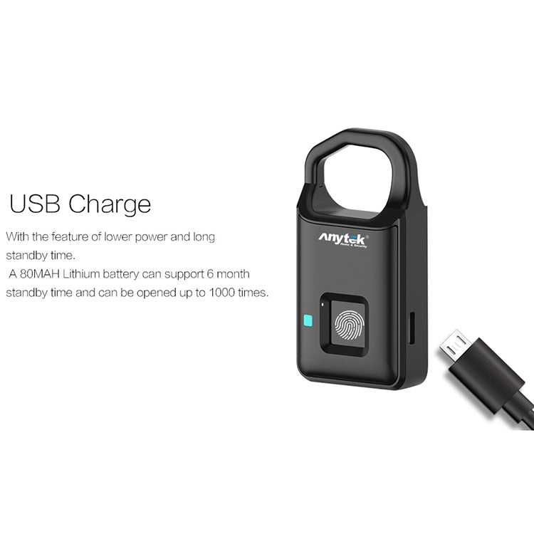 Piccolo lucchetto con rilevamento delle impronte digitali a semiconduttore di ricarica micro USB Anytek P4 3,7 V, P4