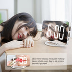 TS-8201-W Orologio da tavolo multifunzionale con specchio per trucco a LED, allarme elettronico fotosensibile automatico
