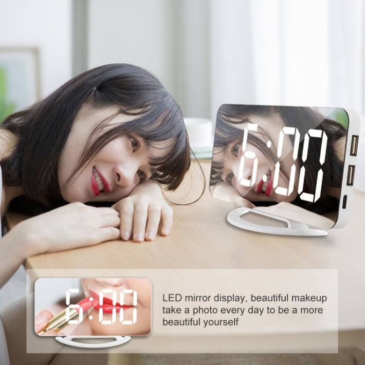 TS-8201-W Orologio da tavolo multifunzionale con specchio per trucco a LED, allarme elettronico fotosensibile automatico