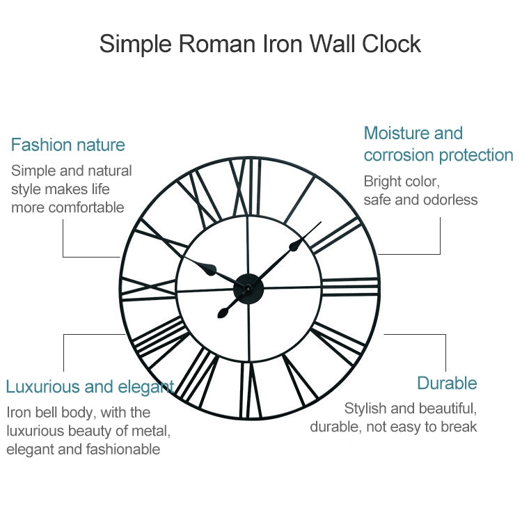 Orologio da parete decorativo muto con numeri romani rotondi in ferro da soggiorno retrò da 60 cm, 60cm