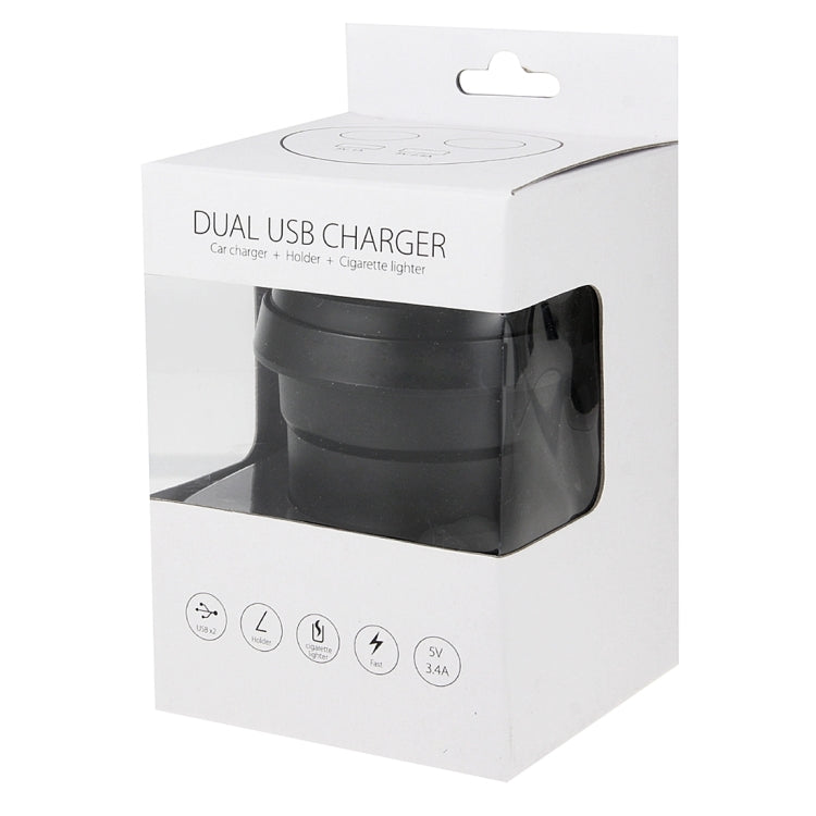 Caricatore per auto con due porte USB e due prese accendisigari da 5 V 1 A+2,4 A con funzione di supporto, 5V 1A+2.4A