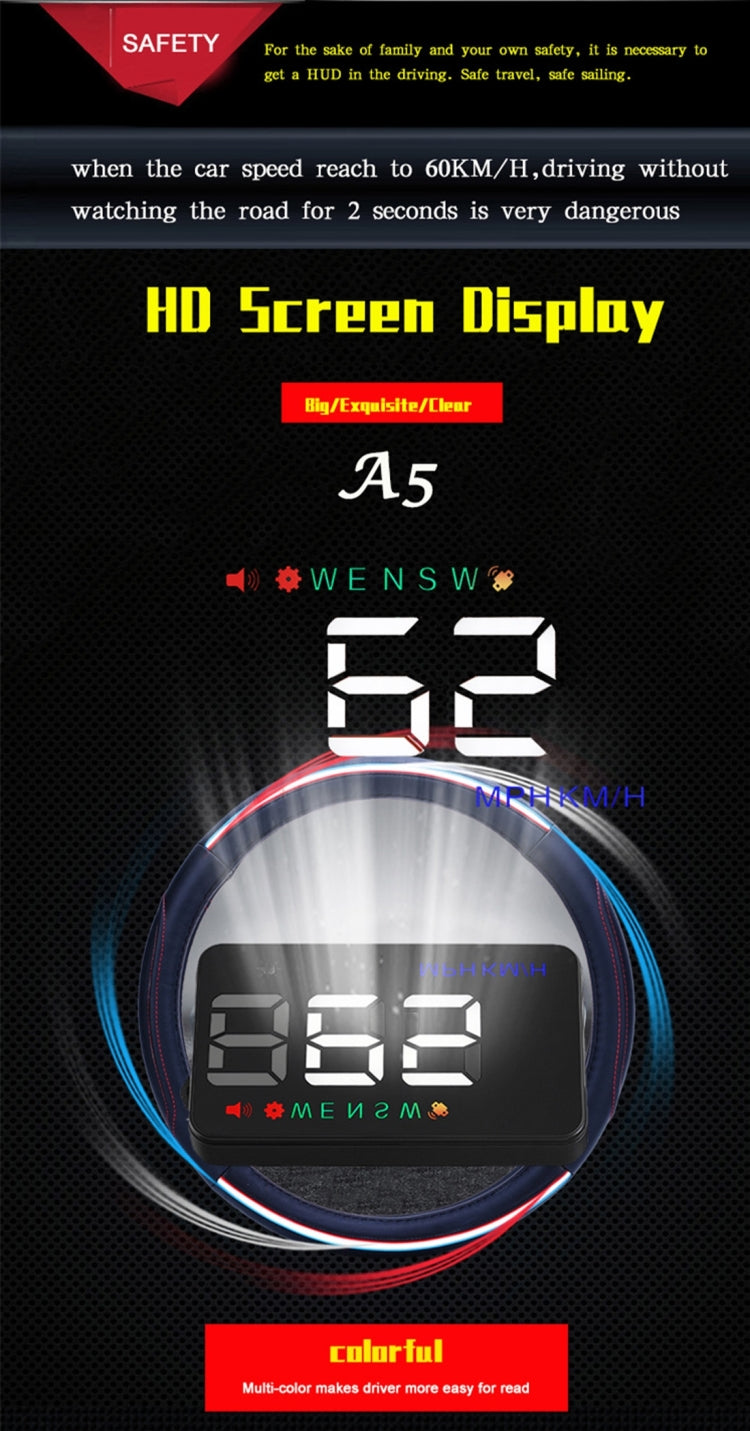 Geyiren A5 HUD Head Up Display per auto da 3,5 pollici con sistema GPS, display a due modalità, sensori di luce, velocità KM/h MPH, bussola, allarme di velocità, A5(Black), A5 (Green Light)