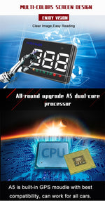 Geyiren A5 HUD Head Up Display per auto da 3,5 pollici con sistema GPS, display a due modalità, sensori di luce, velocità KM/h MPH, bussola, allarme di velocità, A5(Black), A5 (Green Light)