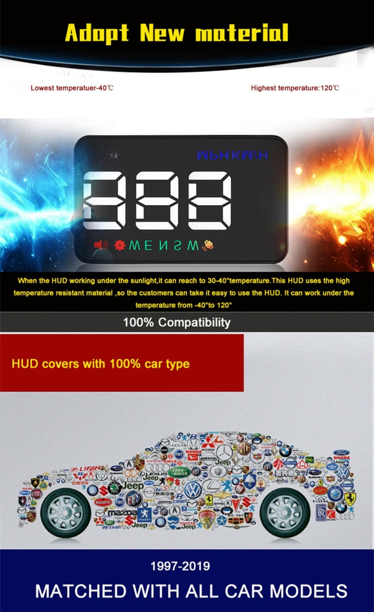 Geyiren A5 HUD Head Up Display per auto da 3,5 pollici con sistema GPS, display a due modalità, sensori di luce, velocità KM/h MPH, bussola, allarme di velocità, A5(Black), A5 (Green Light)