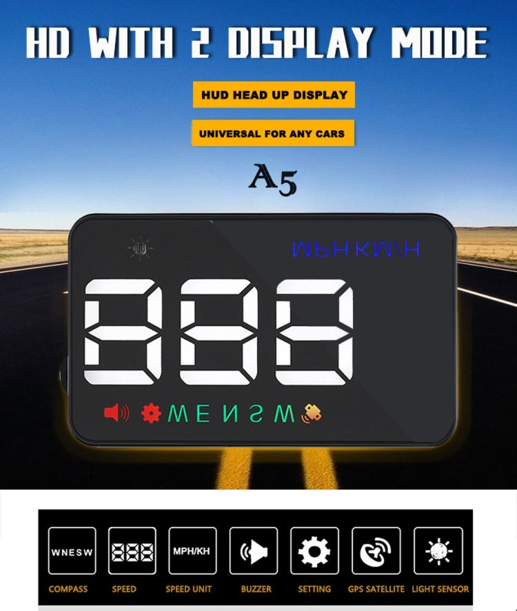 Geyiren A5 HUD Head Up Display per auto da 3,5 pollici con sistema GPS, display a due modalità, sensori di luce, velocità KM/h MPH, bussola, allarme di velocità, A5(Black), A5 (Green Light)