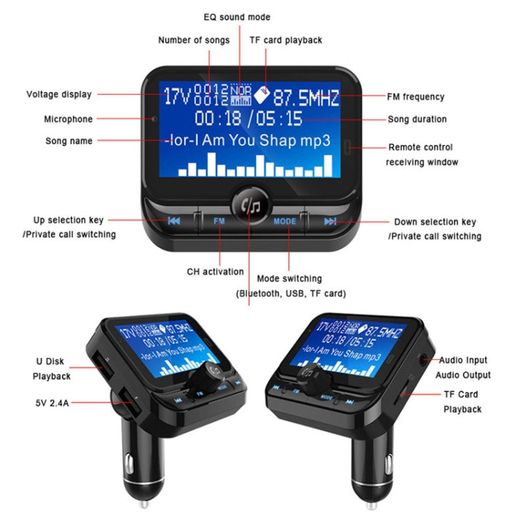 BC32 Caricatore per auto vivavoce Bluetooth con doppia ricarica USB, trasmettitore FM, lettore musicale MP3, kit per auto, supporto per chiamate in vivavoce, registrazione Micro SD e rilevamento della tensione, BC32