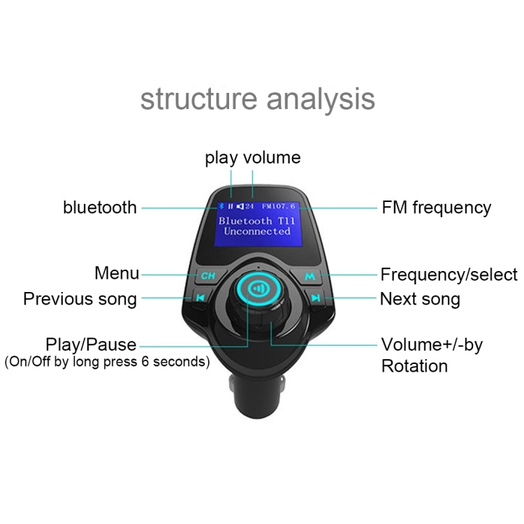 Trasmettitore FM Bluetooth T11 Lettore MP3 per auto con display a LED, supporto doppia ricarica USB, vivavoce, scheda TF e funzione di riproduzione musicale su disco U, T11