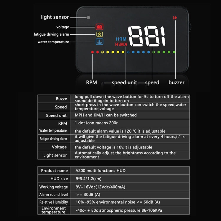 A200 OBD2 Sistema di sicurezza Head Up Display montato su veicolo da 3,5 pollici, supporta la velocità dell'auto/visualizzazione della velocità di rotazione del motore/temperatura dell'acqua/tensione, A200
