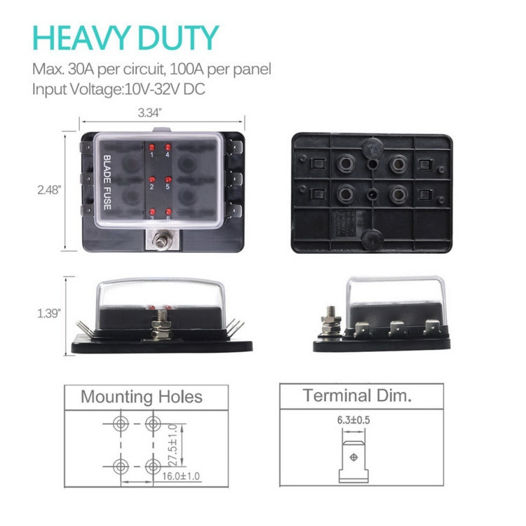 Scatola portafusibili universale a 6 vie Scatola portafusibili Scatola portafusibili per circuito automobilistico Strumento lama automobilistica Blocco fusibili a 6 vie, DC 10V-32V, 6 Way Fuse Box