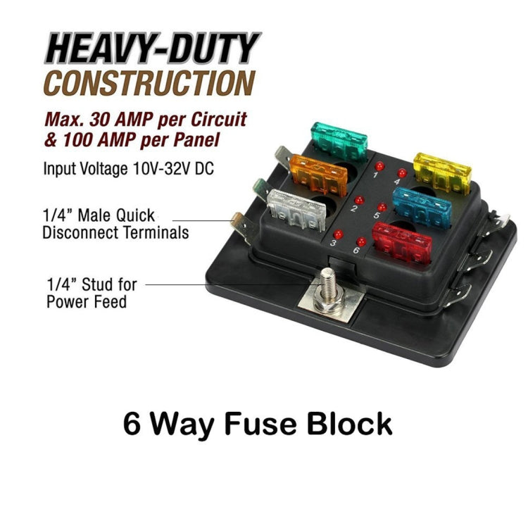 Scatola portafusibili universale a 6 vie Scatola portafusibili Scatola portafusibili per circuito automobilistico Strumento lama automobilistica Blocco fusibili a 6 vie, DC 10V-32V, 6 Way Fuse Box