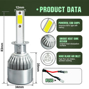 2 fari LED per auto H1 18W 1800LM 6000K IP68 impermeabili con 2 lampade LED COB, DC 9-36V, H1