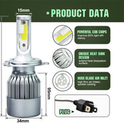 2 fari LED per auto H4 18W 1800LM 6000K IP68 impermeabili con 2 lampade LED COB, DC 9-36V, H4