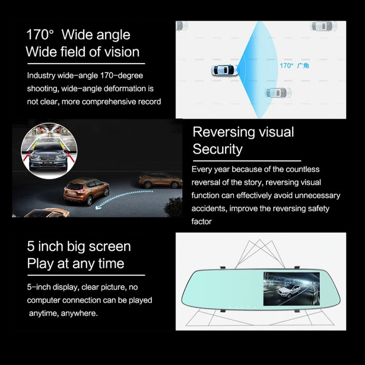 G705 Registratore per auto con specchietto retrovisore LCD touch screen da 5 pollici con fotocamera separata, visione grandangolare da 170 gradi, supporto video loop/rilevamento movimento/sensore G/scheda TF, G705